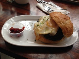 Egg and mushroom breakfast sandwich with rhubarb jam Farmgate Restaurant, English Market, Cork
