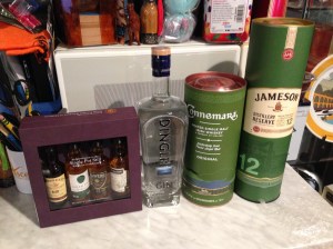 The treasure trove of booty (from left to right) Midleton Single Pot Still Sampler Set, Dingle Gin, Connemara Whiskey, and Jameson Distillery Reserve (you can only get this at the distillery)