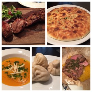 From top left, clockwise: Lamb kebabs, khachipuri (cheesy bread), batumi-style beef baked with Georgian condari spices, potato and cheese dumplings, pumpkin soup Khachipuri Restaurant Moscow, Russia