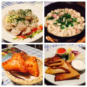Traditional Russian Lunch (from top left, clockwise): Belmeni (Russian dumplings), Straganoff, Pancakes and Blini, and Piroshki St. Petersburg, Russia